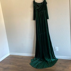 Forest green velvet maternity gown